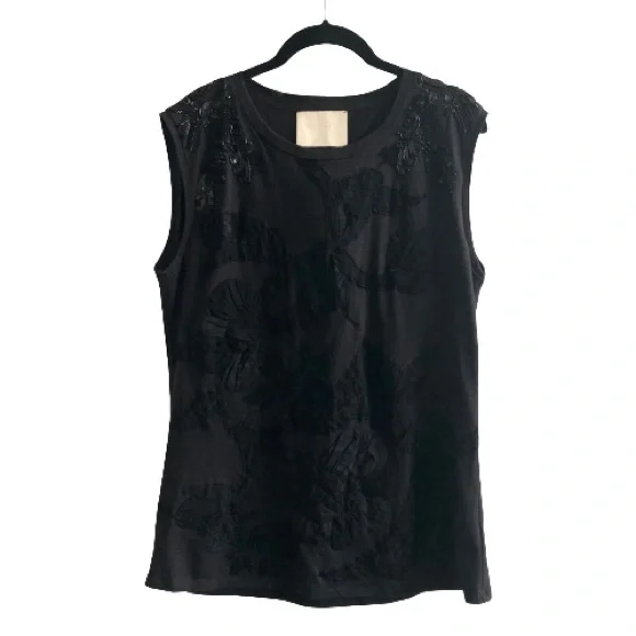 Loyd/Ford Black Beaded Embroidered Mesh Sleeveless Top Minimal Artsy 100% Cotton - Picture 1 of 8